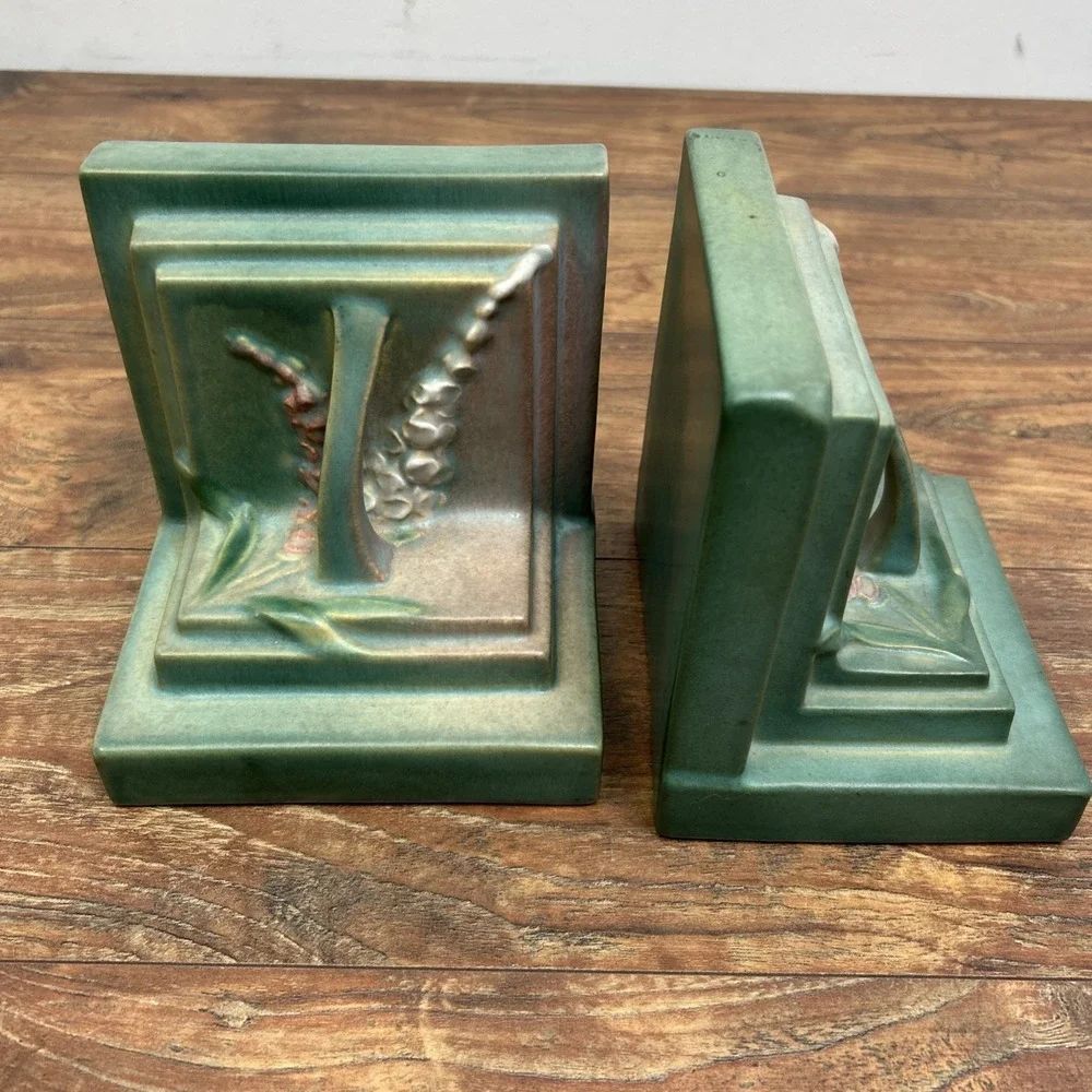 Roseville Pottery Foxglove Bookends Art‎ Pottery Ceramic Green Pink 5.75